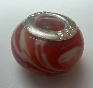 925 Sterling Silver Glass Bead European Lampwork Red Orange White Striped Boho - Picture 1 of 8
