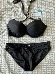 Seafolly Black Bikini Set Size 12DD Top And Size 14 Twist Hipster Bottoms - Picture 1 of 5