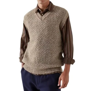 FAR AFIELD Men's Pinto Diamond Cable Vest Knit Sweater Taupe Textured Size XXL - Picture 1 of 9