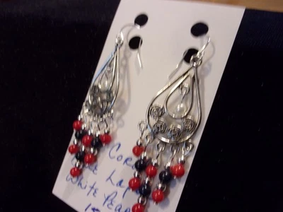 925 Natural Red Coral & Blue Lapis Lazuli Ball Hook Chandelier Earrings - Image 1 of 4