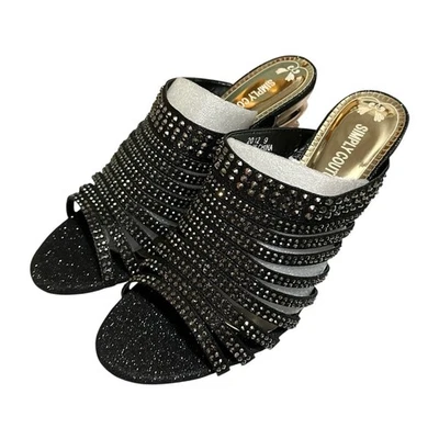 Simply Couture Rhinestone Heels –Black Open Toe Sandals Slides–Glam Party Size 9 - Image 1 of 4