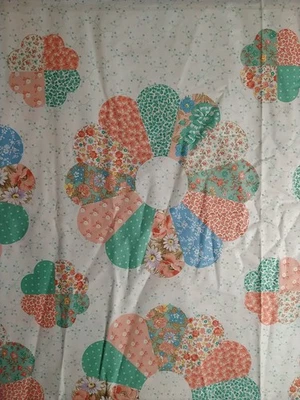 Vintage Cranston Floral Dresden Plate Cheater Quilt Pink Green Cotton Fabric BTY - Image 1 of 4