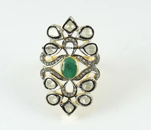 Diamant Polki Natur Rosenschnitt Diamant Smaragd 925 Sterling Silber Ring Schmuck - Bild 1 von 4