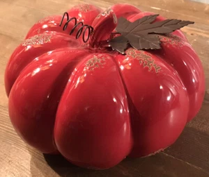 Ceramic Burgundy Pumpkin With Metal Leaf Curly Vine Accents 6.3 X 3.91” Autumn - Picture 1 of 9