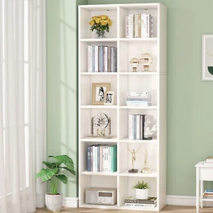 White Bookcase Bookshelf with 12 Cube Storage, 6 Tier Wood Display Rack Shelves - Picture 1 of 12