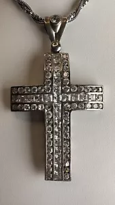 Cross Large Pendant Necklace Sterling CZ Pave Silver Tested Vintage 24” - Picture 1 of 22