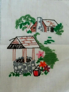 Vintage Embroidered Cabin & Well Piece  8 in x 11 in - Picture 1 of 1