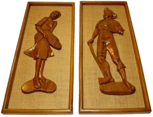 MCM Vintage Lot of 2 Carved Wood Man & Woman on  Burlap Framed Tiki Bar Decor - Picture 1 of 11