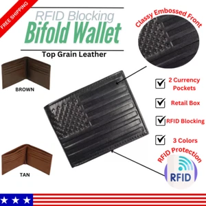 Men's Top Grain Leather Wallet Bifold RFID Protection USA American Flag Embossed - Picture 1 of 18