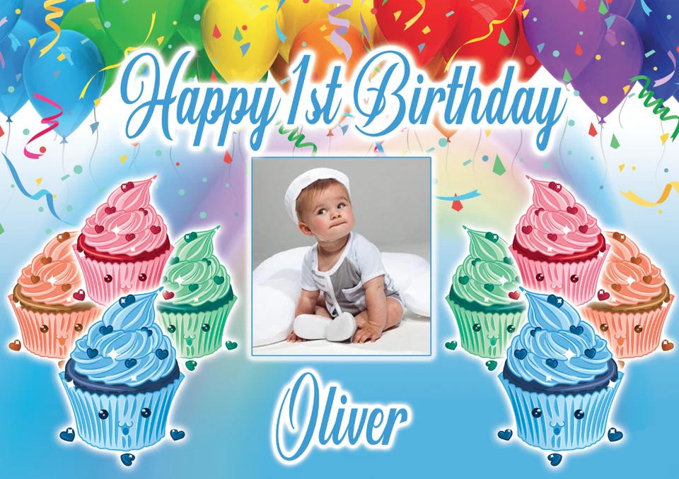 LARGE BIRTHDAY Cute Cupcake Cake POSTER BANNER PERSONALISED ANY NAME TEXT PHOTO - Imagem 1 de 1