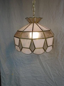 Vintage MCM SWAG CHAIN LAMP - ROSE COLOR LEADED GLASS - Picture 1 of 9