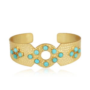 Traditional 18k Gold Plated 925 Silver Turquoise Gemstone Cuff Bangle Jewelry - Picture 1 of 5