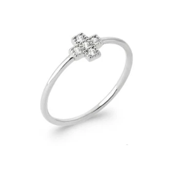 Anello Croce Incassato Zirconio In Argento Massiccio 925/1000 Rodio T50 A 60 - Immagine 1 di 2