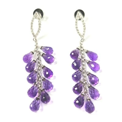 Pendientes de amatista de oro blanco de 18 quilates gotas de diamantes naturales forma de lágrima 5,9 g Foto 1 de 4