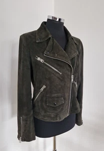 AllSaints washed black suede jacket size 12 leather biker lined Chine Biker zips - Picture 1 of 9