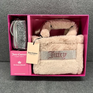 Juicy Couture Mini Beuteltasche Tasche Kunstfell hellrosa silber Geldbörse Geschenkset - Bild 1 von 8
