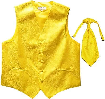 New Men Paisley Tuxedo Vest Waistcoat & Ascot Cravat Wedding formal prom Yellow - Image 1 of 3