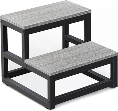 2 Step Stool for Adults Kids Heavy Duty Wooden Non-Slip Foot Stool Grey 500lbs - Image 1 of 4
