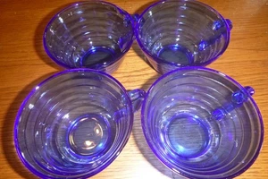 (4)Blue Glassware Teacups Layered Design 4x4x3 1 Handle - Picture 1 of 4