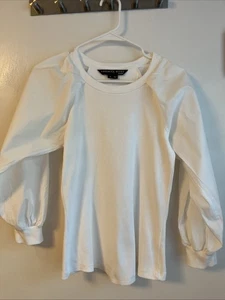 Veronica Beard Jeans XS White Ribbed Cotton Spandex Top Puffed Sleeves - Picture 1 of 5