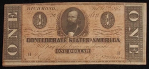 Confederate States of America $1 Dollar 1864 - P-65 (M2506) - BA-T - Picture 1 of 2
