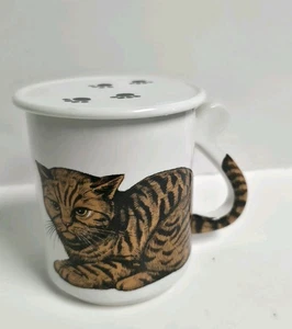 Vintage 80's Japan Brow Kitty Cat Coffee Mug w/ Tail Handle & Paw Cover Coaster - Picture 1 of 12