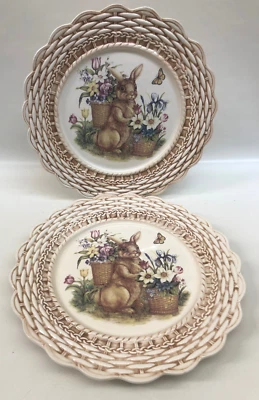 2 Cracker Barrel Easter Treasures 11" Dinner Plates Bunny Rabbit Flower Basket - Image 1 of 4