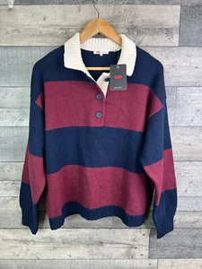 Levi's Damen Gestreiftes Polo Shirt Top Größe Large Blau Burgund Streifen Strickpullover - Bild 1 von 12