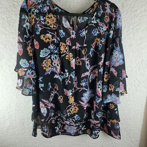 Relativity Top Womens 2X Floral Print Sheer Bell Sleeves Blouse Flowy Peasant - Picture 1 of 22