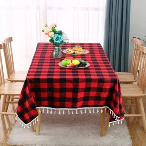Red Black Buffalo Plaid Tablecloth Tassel Trim 54x54" Dining Kitchen Decor - Picture 1 of 7