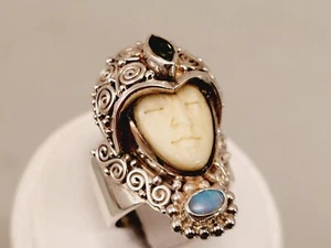 HERMOSO ANILLO DE PLATA ESTERLINA SAJEN CARA DE DIOSA TALLADA ÓPALO Y PERIODT TALLA 6 - Imagen 1 de 6