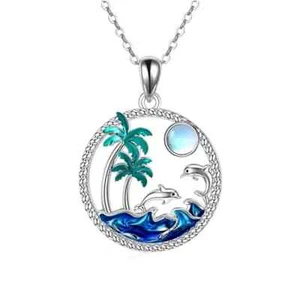 Fashionable Sea Wave Dolphins Round Pendant Necklace Ocean Beach Inspired Gift - Picture 1 of 3