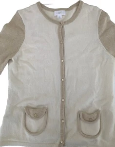 Klassische LOFT Ann Taylor Strickjacke Pullover L elfenbein hellbraun Wolle Viskose Kaschmir Angora - Bild 1 von 6