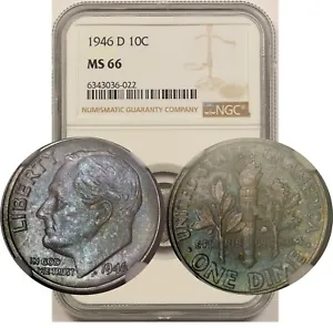 1946-D 10C NGC MS 66 (Toned) Roosevelt Dime  - Picture 1 of 7