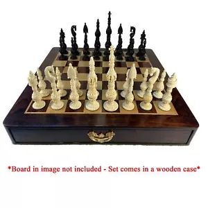 Tower Bone Chess pieces in Teakwood Box - 7 inch King - Picture 1 of 7