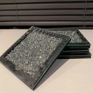 Glass Mirrored Coaster 4 Pack Crushed Diamond Coaster 4 x 4 Inch Square Style - Picture 1 of 2
