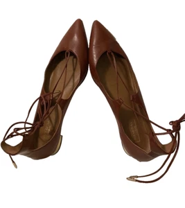 Aquazzura Firenze Brown Leather Christy Ankle Tie Flats Sz 41/10.5 Italy - Picture 1 of 8