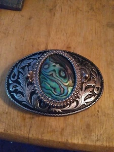 VINTAGE WESTERN STYLE SILVERTONE BELT BUCKLE WITH ABALONE INLAY. GREAT DESIGN!! - Picture 1 of 5