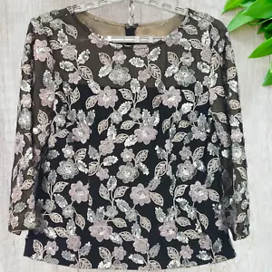 Alex Evenings Top Gr. LP Schößchen bestickt Pailletten Blumen transparent gefüttert Bluse $ 149 - Bild 1 von 11