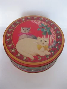 Vintage Weihnachtskatzen leere Dose 15 x 6 cm, kleine runde Aufbewahrung mit Deckel, Mistelstechpalme - Bild 1 von 5