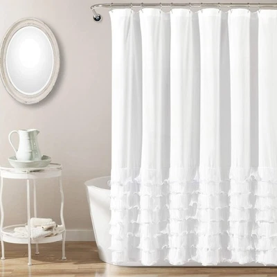 Gorgeous Fabric Rosette Shower Curtain Elegant White Ruched Clean Anthropologie - Image 1 of 4