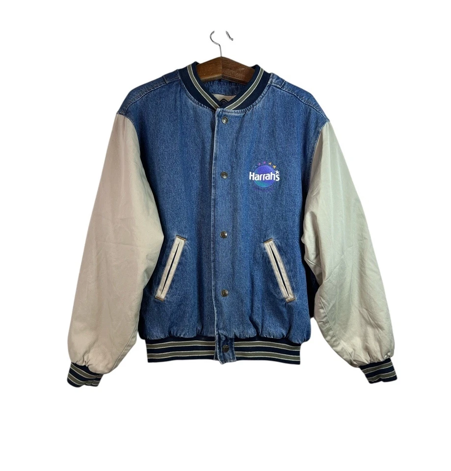 VINTAGE 90s Mens Gear For Sports Denim Jean Bomber Snap Jacket Harrah’s Vegas XL - Image 1 of 4