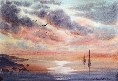 Obra de Arte Original Pintura Moderna Paisaje PÁJAROS BARCO CIELO Paisaje Marino Artes Regalo A4 Foto 1 de 4