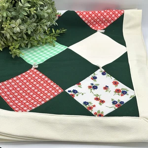 VTG Patchwork Quilt Lap Throw Cream Green Floral Gingham 35x62 Polyester Retro - Picture 1 of 18
