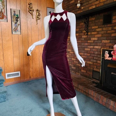 Vtg 90s Vampy Goth Oxblood Velvet Harlequin Hourglass Formal Prom Dress XXS/XS - Image 1 of 4