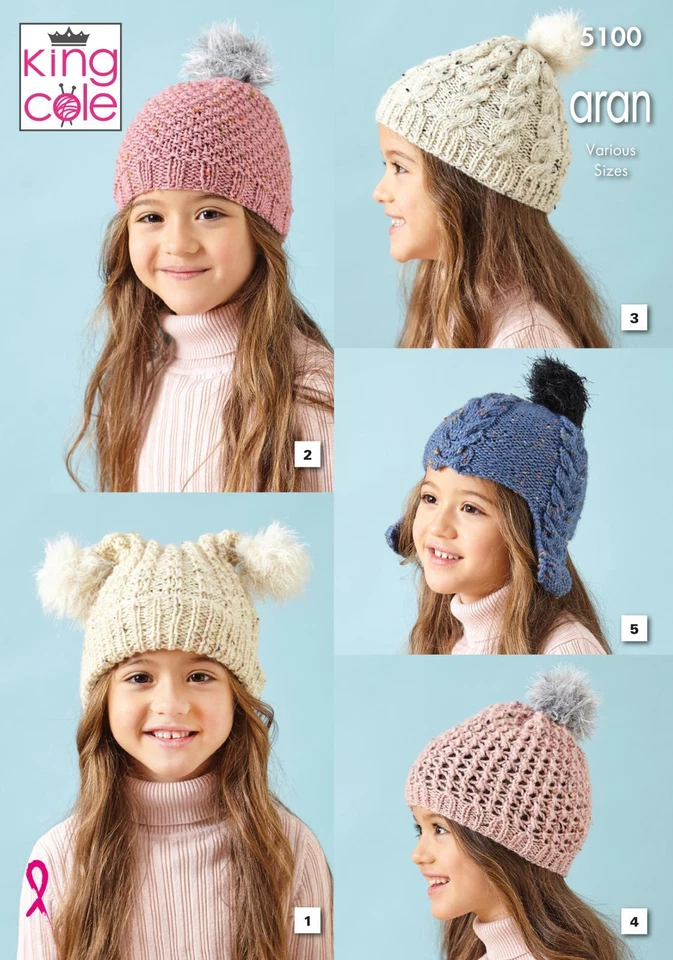 King Cole 5100 Knitting Pattern Childrens Hats Merino Blend Aran & Fashion Aran