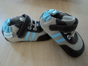 Robeez Boys Infant Shoes Size 3  Brown/Tan/Blue Leather Fabric Upper CUTE! - Picture 1 of 7