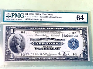 1918 $1 New York Federal Reserve Bank Note - PMG 64 Choice Uncirculated Fr. 712 - Picture 1 of 2