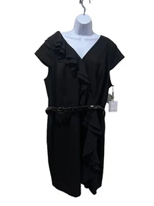NEW Calvin Klein BLACK Ruffle Midi Dress Plus Size 20W 20 NWT V-Neck Belted Belt - Picture 1 of 10