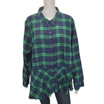 Camisa Joan Rivers Botones 24W Talla Grande 2X Verde Azul Cuadros Punta Peplum Dobladillo   Foto 1 de 4
